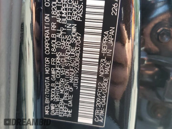 2008 Toyota Yaris с VIN JTDBT923084037047, выставлен на аукционе Copart как лот 59408035 с пробегом 100 566 миль миль и Чистый • Clean title. История ставок и продаж доступна на DreamBid. Изображение 12.