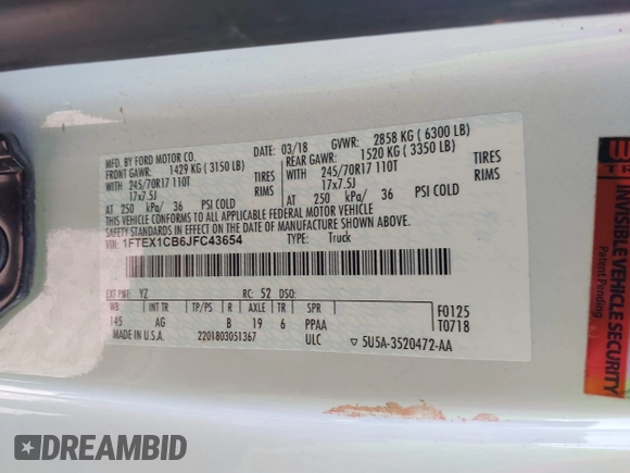 2018 Ford F-150 XL with VIN 1FTEX1CB6JFC43654, listed as a IAAI auction lot 41150883 with 87,103 mi miles and . Bid and sale history available at DreamBid. Image 9.