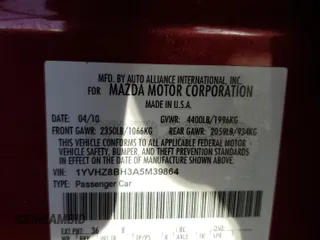 2010 Mazda 6 i Sport with VIN 1YVHZ8BH3A5M39864, listed as a Copart auction lot 55102725 with 173,548 mi miles and Salvage title. Bid and sale history available at DreamBid. Image 13.
