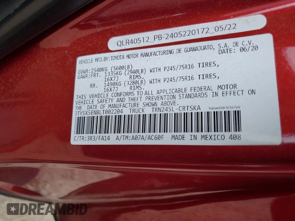 2020 Toyota Tacoma SR with VIN 3TYSX5EN8LT002204, listed as a Copart auction lot 56917255 with 101,968 mi miles and Salvage title. Bid and sale history available at DreamBid. Image 12.