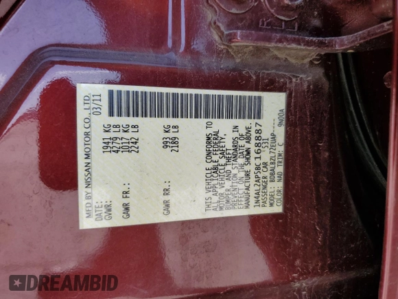 2011 Nissan Altima S with VIN 1N4AL2AP5BC168887, listed as a Copart auction lot 54221355 with Not provided miles and Salvage title. Bid and sale history available at DreamBid. Image 12.