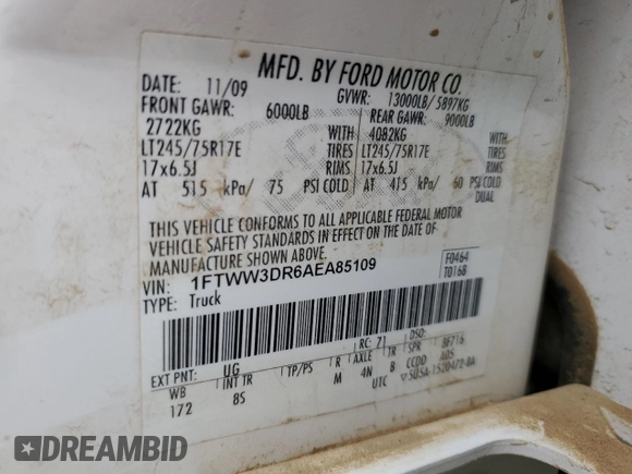 2010 Ford F-350 XL с VIN 1FTWW3DR6AEA85109, выставлен на аукционе Copart как лот 86643024 с пробегом Не указан миль и Списание • Salvage title. История ставок и продаж доступна на DreamBid. Изображение 13.