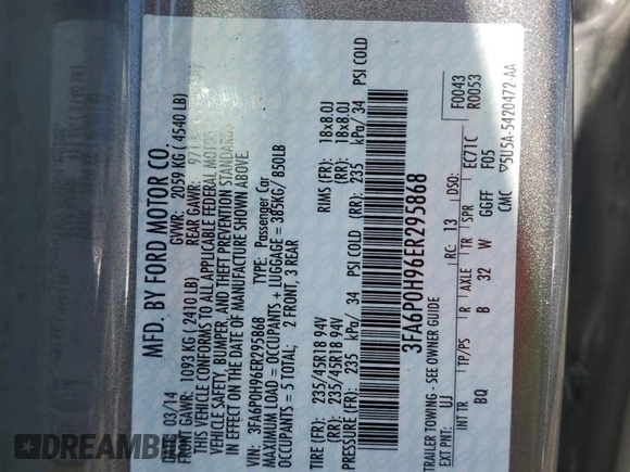 2014 Ford Fusion SE with VIN 3FA6P0H96ER295868, listed as a Copart auction lot 46426835 with 141,418 mi miles and Salvage Title. Bid and sale history available at carsss.com. Image 13.