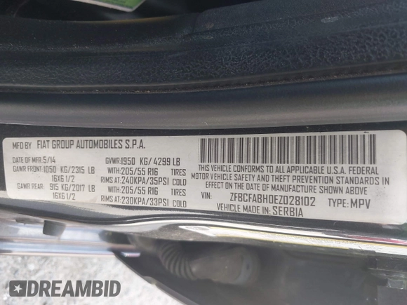2014 FIAT 500L Easy with VIN ZFBCFABH0EZ028102, listed as a IAAI auction lot 42721149 with 115,137 mi miles and . Bid and sale history available at DreamBid. Image 9.