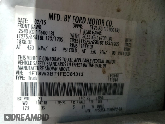 2015 Ford F-350 Platinum with VIN 1FT8W3BT1FEC81313, listed as a Copart auction lot 60572295 with 140,443 mi miles and Salvage title. Bid and sale history available at DreamBid. Image 12.
