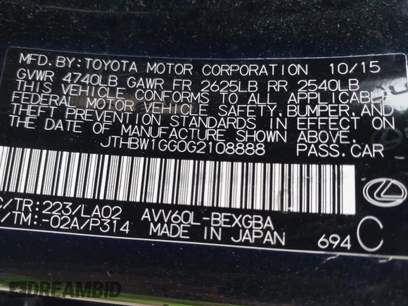 2016 Lexus ES 300h z VIN JTHBW1GG0G2108888, wystawiony jako IAAI lot #42359607 z przebiegiem 119 473 mil mil oraz . Historia ofert i sprzedaży dostępna na DreamBid. Obrazek 9.