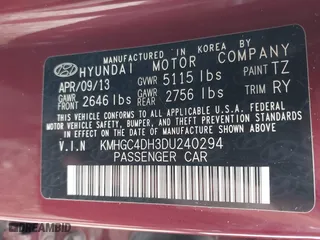 2013 Hyundai Genesis 5.0L R-Spec with VIN KMHGC4DH3DU240294, listed as a IAAI auction lot 41514721 with 137,269 mi miles. Bid and sale history available at carsss.com. Image 9.