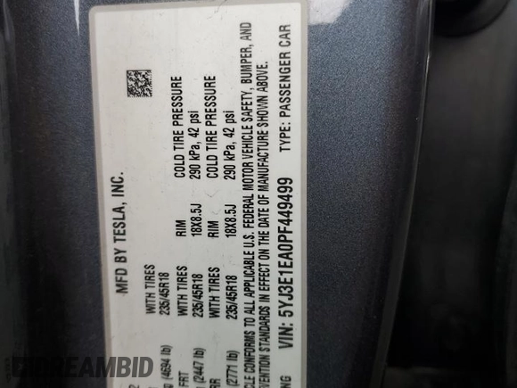 2023 Tesla Model 3 with VIN 5YJ3E1EA0PF449499, listed as a Copart auction lot 52900515 with 42,706 mi miles and Non Repairable. Bid and sale history available at DreamBid. Image 12.
