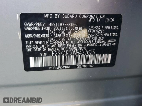 2021 Subaru Forester Special Sports with VIN JF2SKARC0MH437625, listed as a Copart auction lot 55021485 with 58,930 mi miles and Salvage title. Bid and sale history available at DreamBid. Image 14.