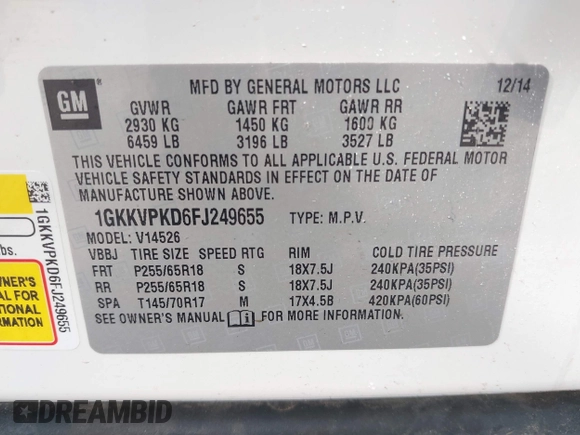 2015 GMC Acadia SLE с VIN 1GKKVPKD6FJ249655, выставлен на аукционе IAAI как лот 42090978 с пробегом 111 672 миль миль и . История ставок и продаж доступна на DreamBid. Изображение 9.
