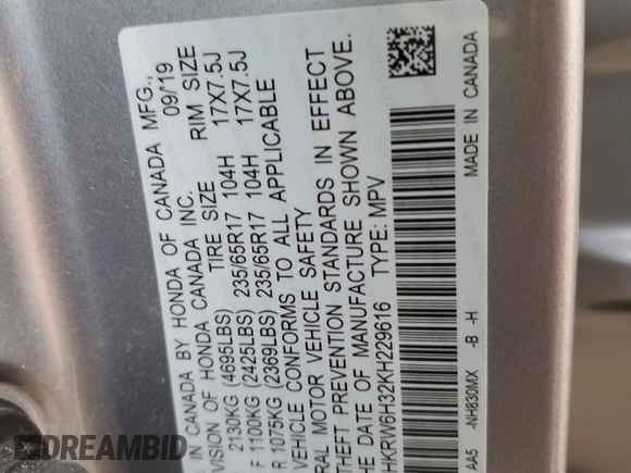 2019 Honda CR-V LX with VIN 2HKRW6H32KH229616, listed as a Copart auction lot 87234024 with 21,980 mi miles and Salvage Title. Bid and sale history available at DreamBid. Image 13.