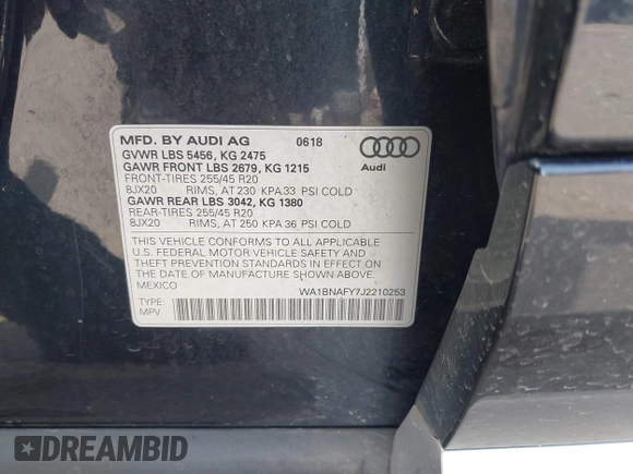 2018 Audi Q5 Premium Plus with VIN WA1BNAFY7J2210253, listed as a IAAI auction lot 42742467 with 103,843 mi miles and . Bid and sale history available at DreamBid. Image 9.