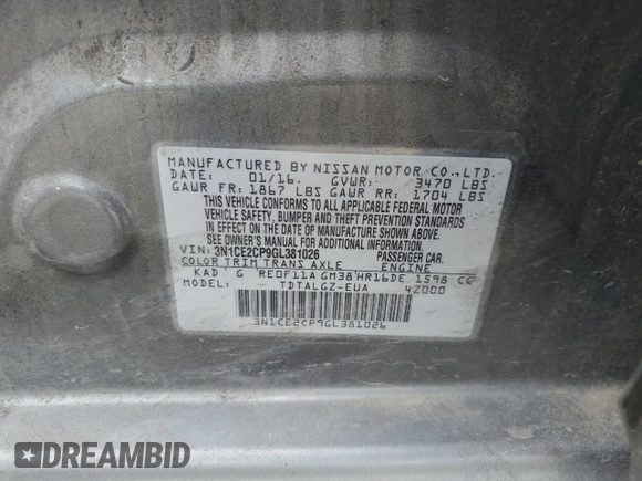 2016 Nissan Note SR with VIN 3N1CE2CP9GL381026, listed as a Copart auction lot 51013745 with 120,879 mi miles and Salvage title. Bid and sale history available at DreamBid. Image 15.