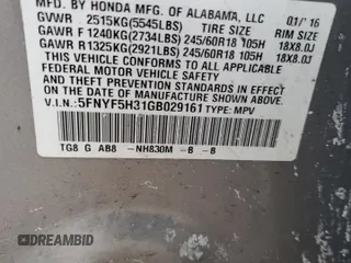 2016 Honda Pilot EX with VIN 5FNYF5H31GB029161, listed as a Copart auction lot 41995425 with 124,793 mi miles and Salvage Title. Bid and sale history available at carsss.com. Image 14.