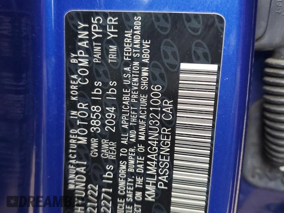 2022 Hyundai Elantra SEL with VIN KMHLM4AG4NU321006, listed as a Copart auction lot 50836235 with 45,307 mi miles and Salvage Title. Bid and sale history available at DreamBid. Image 13.