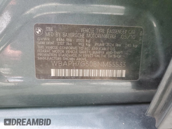 2011 BMW 3 Series 328i with VIN WBAPH7G50BNM55533, listed as a Copart auction lot 47518625 with 132,914 mi miles and Salvage Title. Bid and sale history available at carsss.com. Image 12.