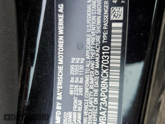 2022 BMW 4 Series 430i xDrive with VIN WBA73AP08NCK70310, listed as a Copart auction lot 71861774 with 20,178 mi miles and Salvage Title. Bid and sale history available at DreamBid. Image 12.