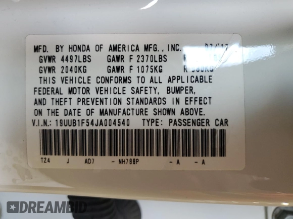 2018 Acura TLX Technology with VIN 19UUB1F54JA004540, listed as a Copart auction lot 54338065 with 57,321 mi miles and Salvage Title. Bid and sale history available at carsss.com. Image 13.