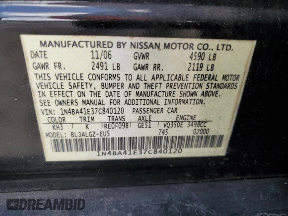 2007 Nissan Maxima 3.5 SE with VIN 1N4BA41E37C840120, listed as a Copart auction lot 78363604 with 0 mi miles and Non Repairable. Bid and sale history available at carsss.com. Image 13.