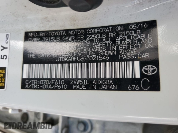 2016 Toyota Prius Four with VIN JTDKARFU8G3021546, listed as a Copart auction lot 53936775 with Not Provided miles and Clean Title. Bid and sale history available at DreamBid. Image 12.