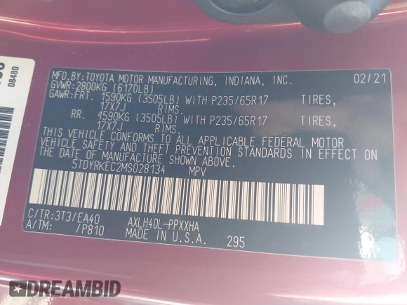 2021 Toyota Sienna XLE z VIN 5TDYRKEC2MS028134, wystawiony jako IAAI lot #42152640 z przebiegiem 107 427 mil mil oraz . Historia ofert i sprzedaży dostępna na DreamBid. Obrazek 9.
