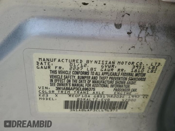 2012 Nissan Sentra SR с VIN 3N1AB6AP3CL696375, выставлен на аукционе Copart как лот 54822775 с пробегом 175 946 миль миль и Списание • Salvage title. История ставок и продаж доступна на DreamBid. Изображение 12.