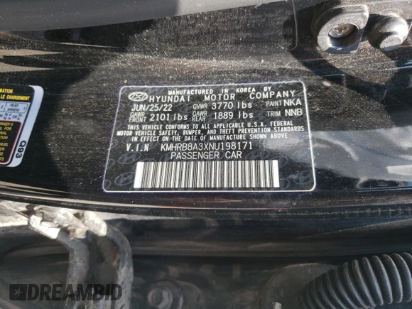 2022 Hyundai Venue SE with VIN KMHRB8A3XNU198171, listed as a Copart auction lot 62867884 with Not provided miles and Salvage title. Bid and sale history available at DreamBid. Image 12.
