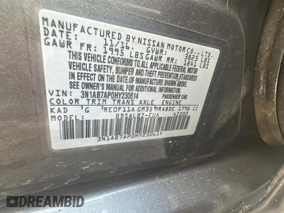 2017 Nissan Sentra SV with VIN 3N1AB7AP0HY230614, listed as a Copart auction lot 45164715 with 160,019 mi miles and Clean Title. Bid and sale history available at carsss.com. Image 10.