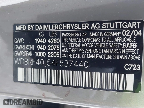 2004 Mercedes-Benz C 230 Kompressor with VIN WDBRF40J54F537440, listed as a IAAI auction lot 41715435 with 71,763 mi miles and . Bid and sale history available at DreamBid. Image 9.
