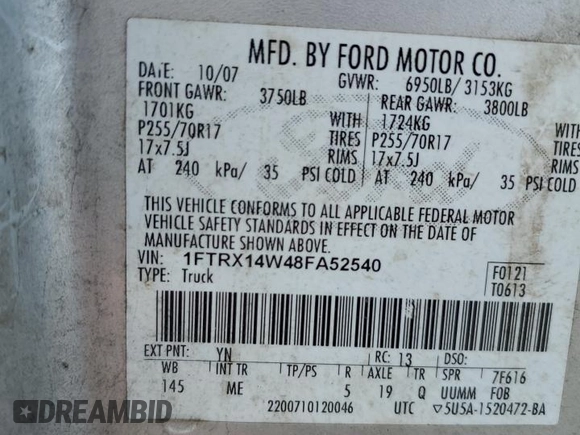 2008 Ford F-150 STX with VIN 1FTRX14W48FA52540, listed as a Copart auction lot 56795435 with 241,634 mi miles and Clean title. Bid and sale history available at DreamBid. Image 12.