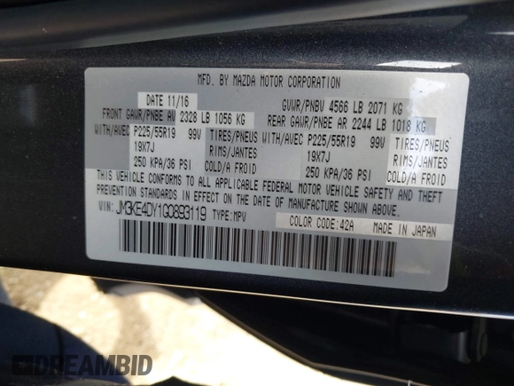 2016 Mazda CX-5 Grand Touring z VIN JM3KE4DY1G0893119, wystawiony jako IAAI lot #42049614 z przebiegiem 102 506 mil mil oraz . Historia ofert i sprzedaży dostępna na DreamBid. Obrazek 9.