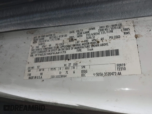 2015 Ford Transit Cargo with VIN 1FTNE2CM0FKA81175, listed as a IAAI auction lot 42550783 with 193,977 mi miles and . Bid and sale history available at DreamBid. Image 9.