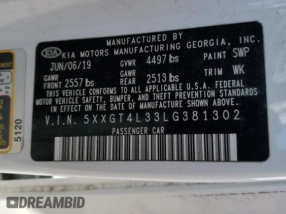 2020 Kia Optima LX with VIN 5XXGT4L33LG381302, listed as a Copart auction lot 42194955 with 93,831 mi miles and Salvage title. Bid and sale history available at DreamBid. Image 14.