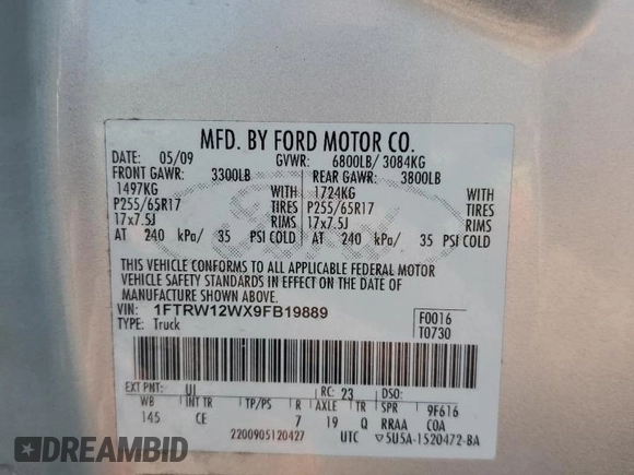 2009 Ford F-150 XL with VIN 1FTRW12WX9FB19889, listed as a Copart auction lot 60272775 with 155,783 mi miles and Salvage title. Bid and sale history available at DreamBid. Image 12.