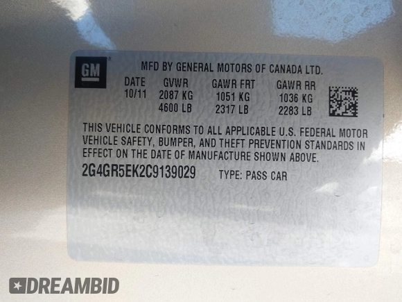 2012 Buick Regal with VIN 2G4GR5EK2C9139029, listed as a IAAI auction lot 42120576 with 90,901 mi miles. Bid and sale history available at carsss.com. Image 9.