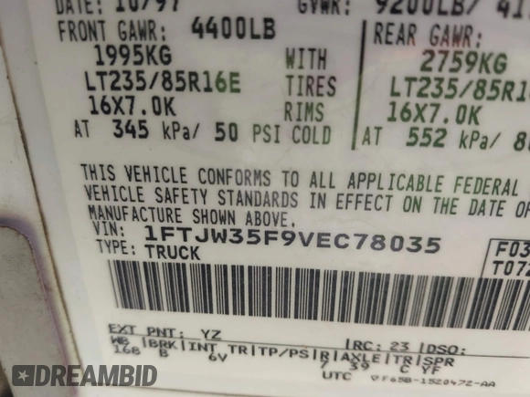 1997 Ford F-350 with VIN 1FTJW35F9VEC78035, listed as a IAAI auction lot 42183452 with Not Provided miles and . Bid and sale history available at DreamBid. Image 9.