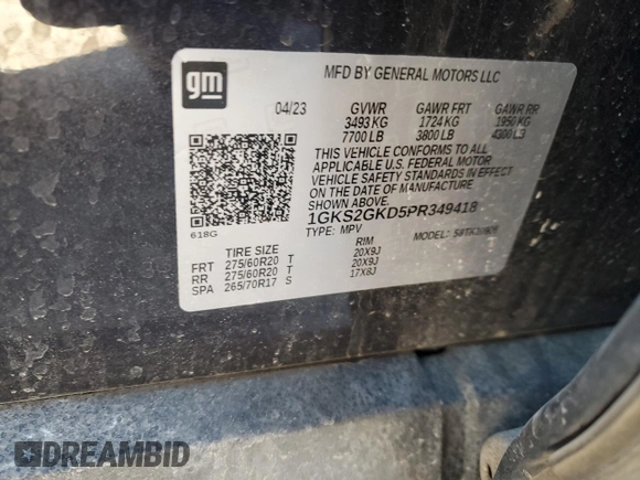 2023 GMC Yukon XL SLT with VIN 1GKS2GKD5PR349418, listed as a Copart auction lot 43635255 with 37,163 mi miles and Salvage Title. Bid and sale history available at DreamBid. Image 15.