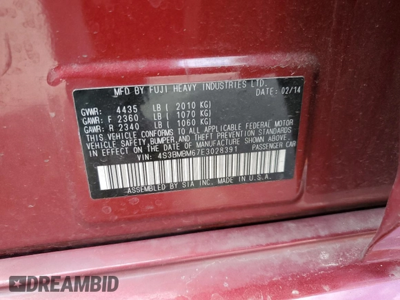 2014 Subaru Legacy Limited with VIN 4S3BMBM67E3028391, listed as a Copart auction lot 52899815 with 77,608 mi miles and Salvage title. Bid and sale history available at DreamBid. Image 14.