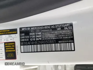2022 Mercedes-Benz C 300 with VIN W1KAF4HB2NR050861, listed as a Copart auction lot 54904865 with Not provided miles and Salvage title. Bid and sale history available at DreamBid. Image 12.