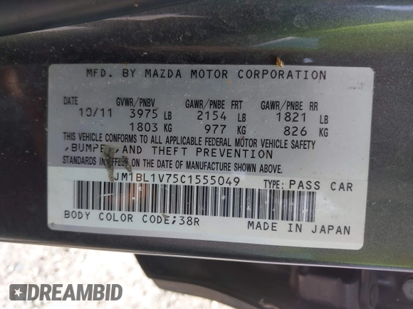 2012 Mazda 3 i Touring z VIN JM1BL1V75C1555049, wystawiony jako IAAI lot #42541766 z przebiegiem 236 988 mil mil oraz . Historia ofert i sprzedaży dostępna na DreamBid. Obrazek 9.