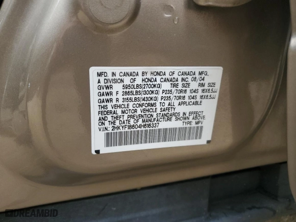 2004 Honda Pilot EX with VIN 2HKYF18604H616337, listed as a Copart auction lot 48923445 with 222,022 mi miles and Salvage Title. Bid and sale history available at carsss.com. Image 13.