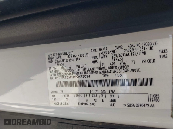 2019 Ford Transit z VIN 1FTYR1ZM1KKA72014, wystawiony jako IAAI lot #41727141 z przebiegiem 79 664 mil mil oraz . Historia ofert i sprzedaży dostępna na DreamBid. Obrazek 9.