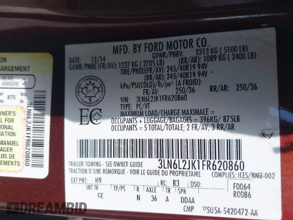 2015 Lincoln MKZ with VIN 3LN6L2JK1FR620860, listed as a IAAI auction lot 42017527 with 115,507 mi miles and . Bid and sale history available at DreamBid. Image 9.