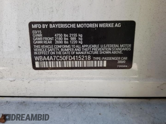 2015 BMW 4 Series 428i xDrive with VIN WBA4A7C50FD415218, listed as a Copart auction lot 50745555 with 139,343 mi miles and Salvage title. Bid and sale history available at DreamBid. Image 12.