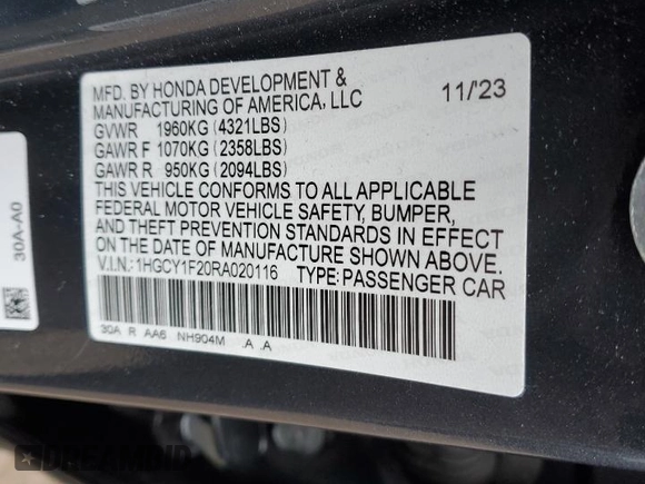 2024 Honda Accord LX z VIN 1HGCY1F20RA020116, wystawiony jako Copart lot #43145765 z przebiegiem Nie podano mil oraz Szkoda całkowita • Salvage title. Historia ofert i sprzedaży dostępna na DreamBid. Obrazek 12.
