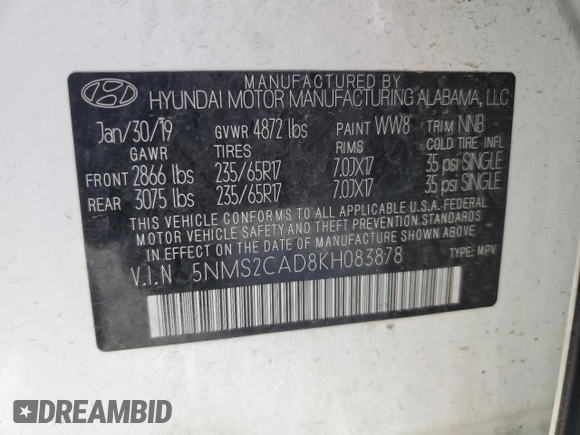 2019 Hyundai Santa Fe SE with VIN 5NMS2CAD8KH083878, listed as a Copart auction lot 45535045 with 70,592 mi miles and Salvage Title. Bid and sale history available at carsss.com. Image 13.