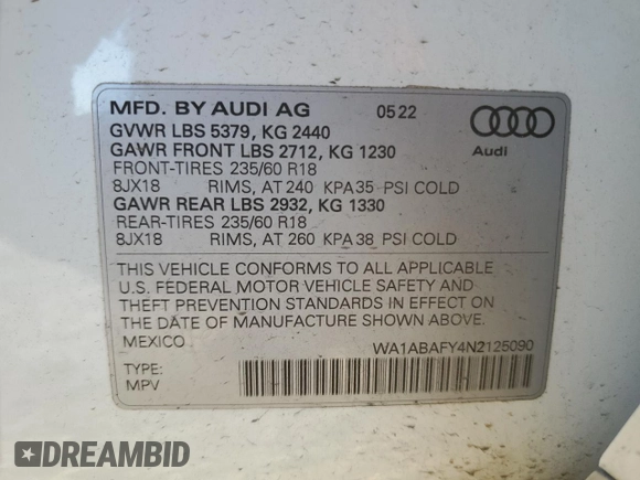 2022 Audi Q5 Premium with VIN WA1ABAFY4N2125090, listed as a Copart auction lot 81698654 with 20,388 mi miles and Salvage title. Bid and sale history available at DreamBid. Image 15.
