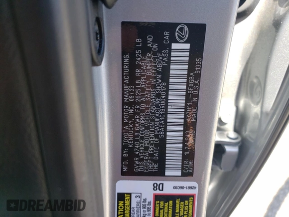 2024 Lexus ES 300h Luxury с VIN 58AEA1C19RU040178, выставлен на аукционе Copart как лот 49737815 с пробегом 17 750 миль миль и Списание • Salvage title. История ставок и продаж доступна на DreamBid. Изображение 12.
