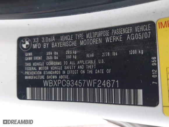 2007 BMW X3 3.0si with VIN WBXPC93457WF24671, listed as a IAAI auction lot 41916704 with 164,015 mi miles. Bid and sale history available at carsss.com. Image 9.
