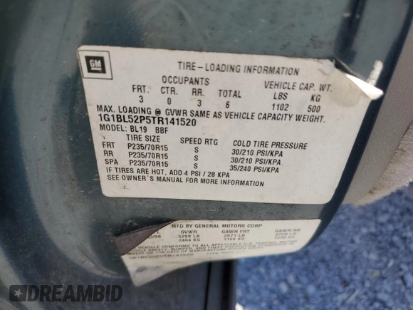 1996 Chevrolet Caprice 1SA Special Value with VIN 1G1BL52P5TR141520, listed as a Copart auction lot 54915835 with Not Provided miles and Clean Title. Bid and sale history available at DreamBid. Image 12.